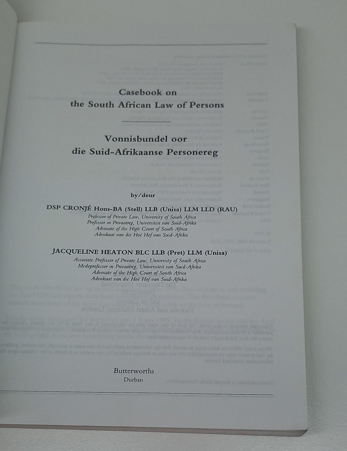 Casebook on the South African Law of Persons by D.S.P. Cronje & J. Heaton Vonnisbundel oor die suid-Afrikaanse Personereg 1999