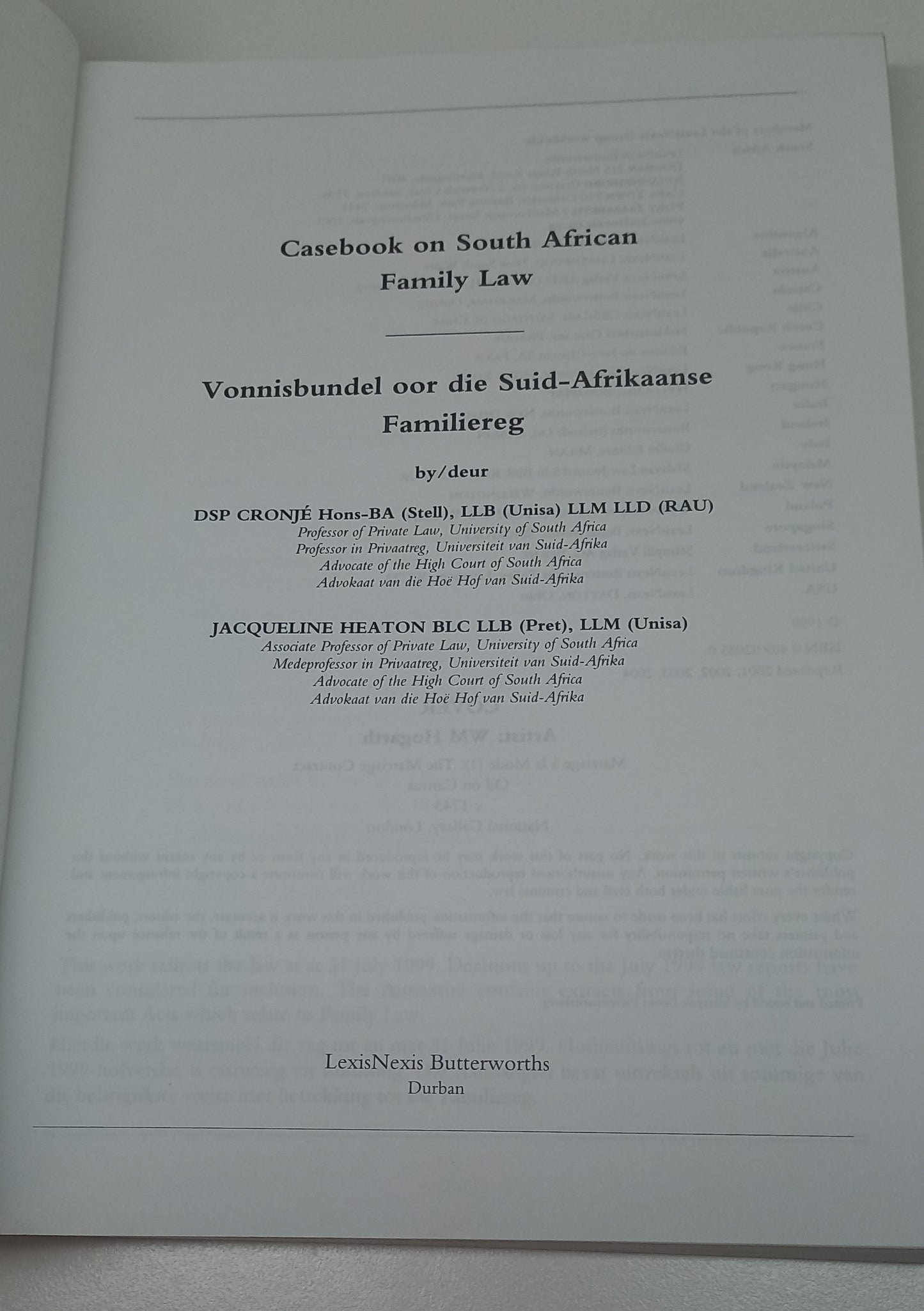 Casebook on South African Family Law D.S.P. Cronje & J. Heaton Vonnisbundel oor die Suid-Afrikaanse Familiereg