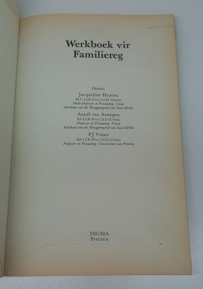Werkboek Vir Familiereg by Heaton, Van Aswegen & Visser Digma Werkboekreeks 1993