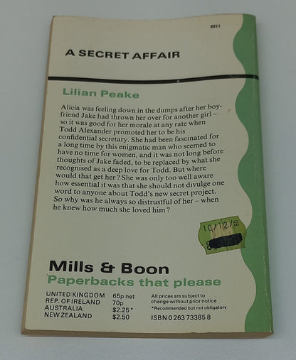 A Secret Affair by Lilian Peake Mills & Boon 1980