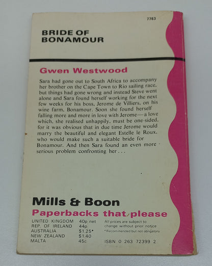 Bride of Bonamour by Gwen Westwood Mills & Boon 1977