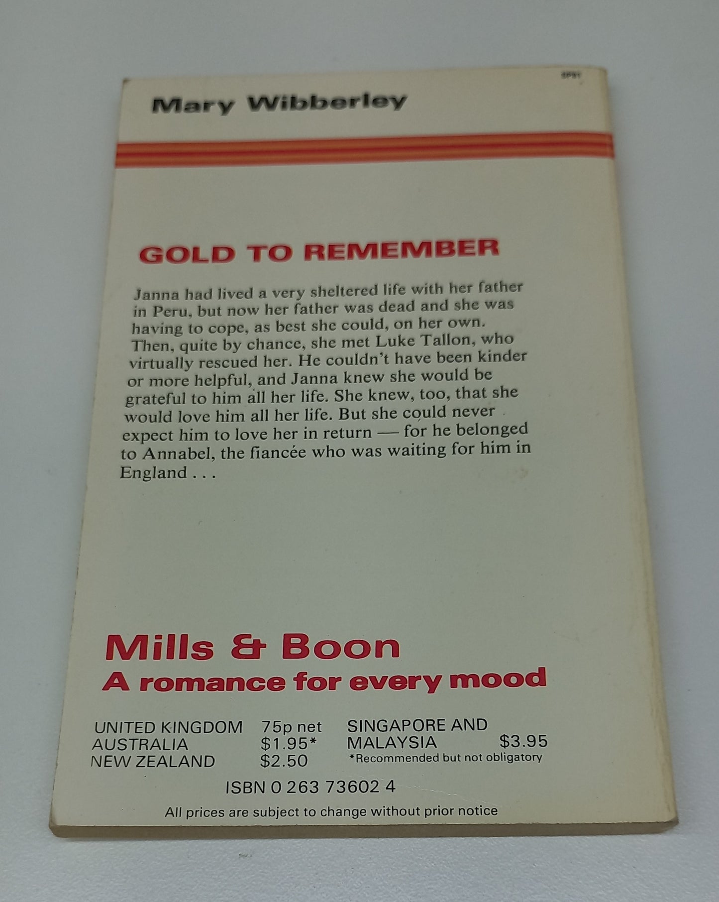 Gold to Remember by Mary Wibberley mills & Boon 1981
