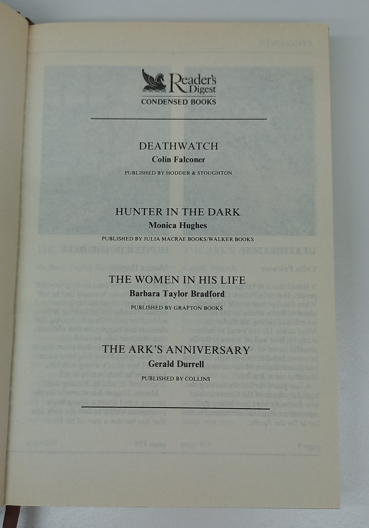 Reader's Digest (4 in 1) Deathwatch by C. Falconer, Hunter in the Dark by M. Hughes, The Women in His Life by B.T. Bradford & The Ark's Anniversary by G. Durrell