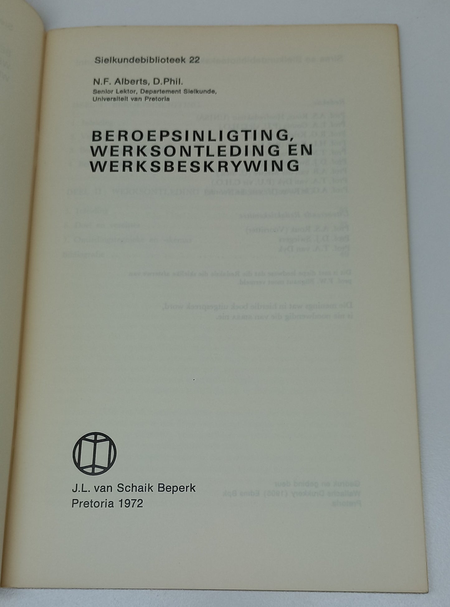 Beroepsinligting,Werksontleding en Werksbeskrywing by Dr N.F. Alberts Sielkundebiblioteek 22