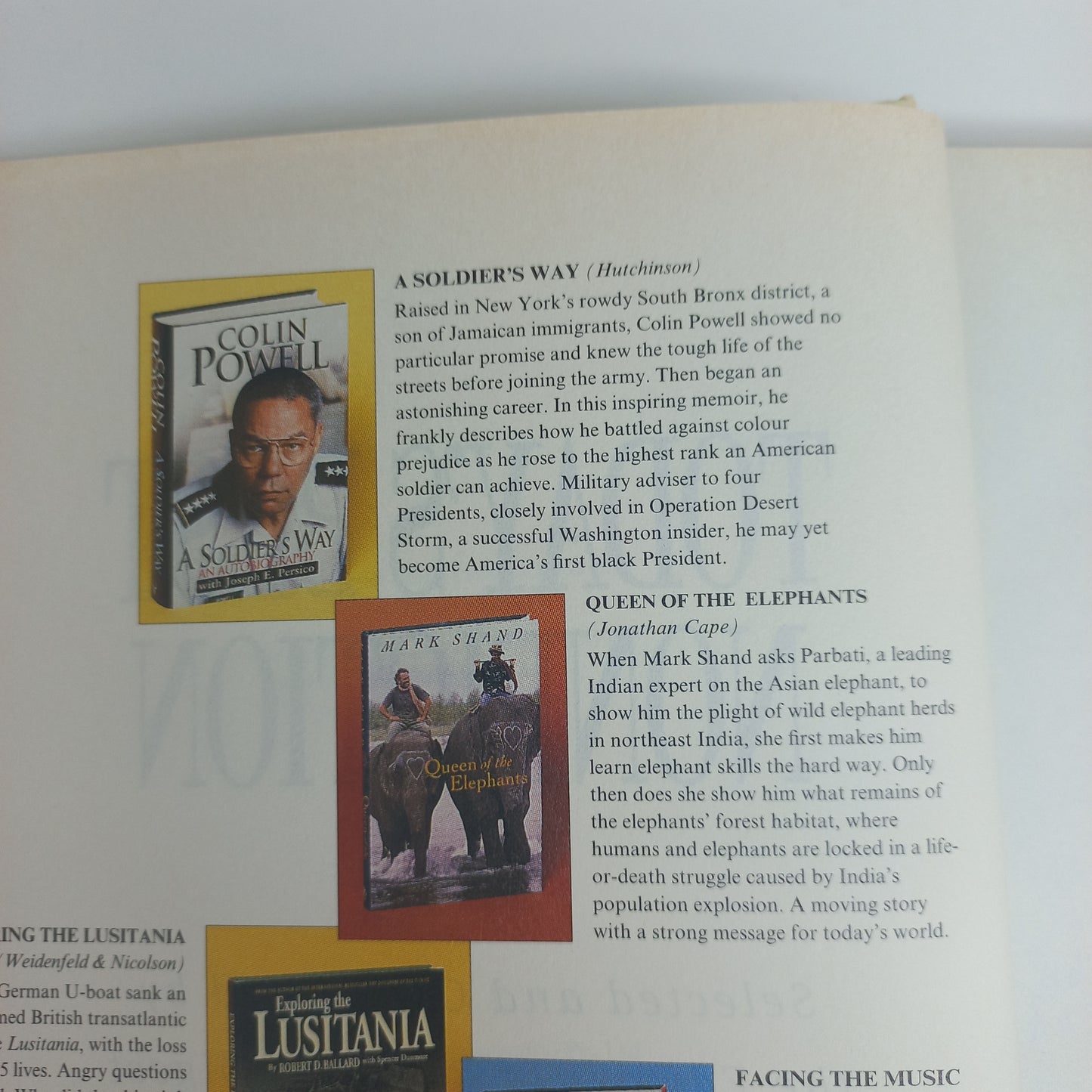 A Soldier's Way by C. Powell, Queen of the Elephants by M. Shand, Exploring the Lusitania by R. Ballard, Facing the Music by J. Torvill & Poison Mind by J. Good (Reader's Digest) Today's Best Non-Fiction