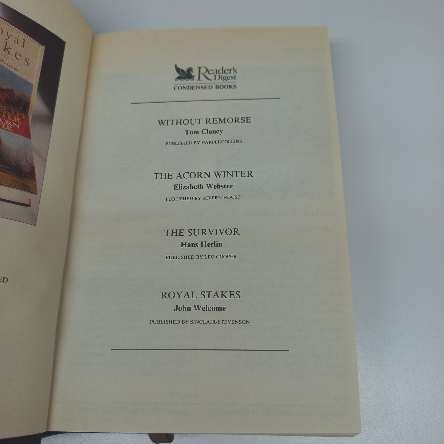 Without Remorse by T. Clancy, The Acorn Winter by E. Webster, The Survivor by H. Herlin & Royal Stakes by J. Welcome Reader's Digest 4 in 1