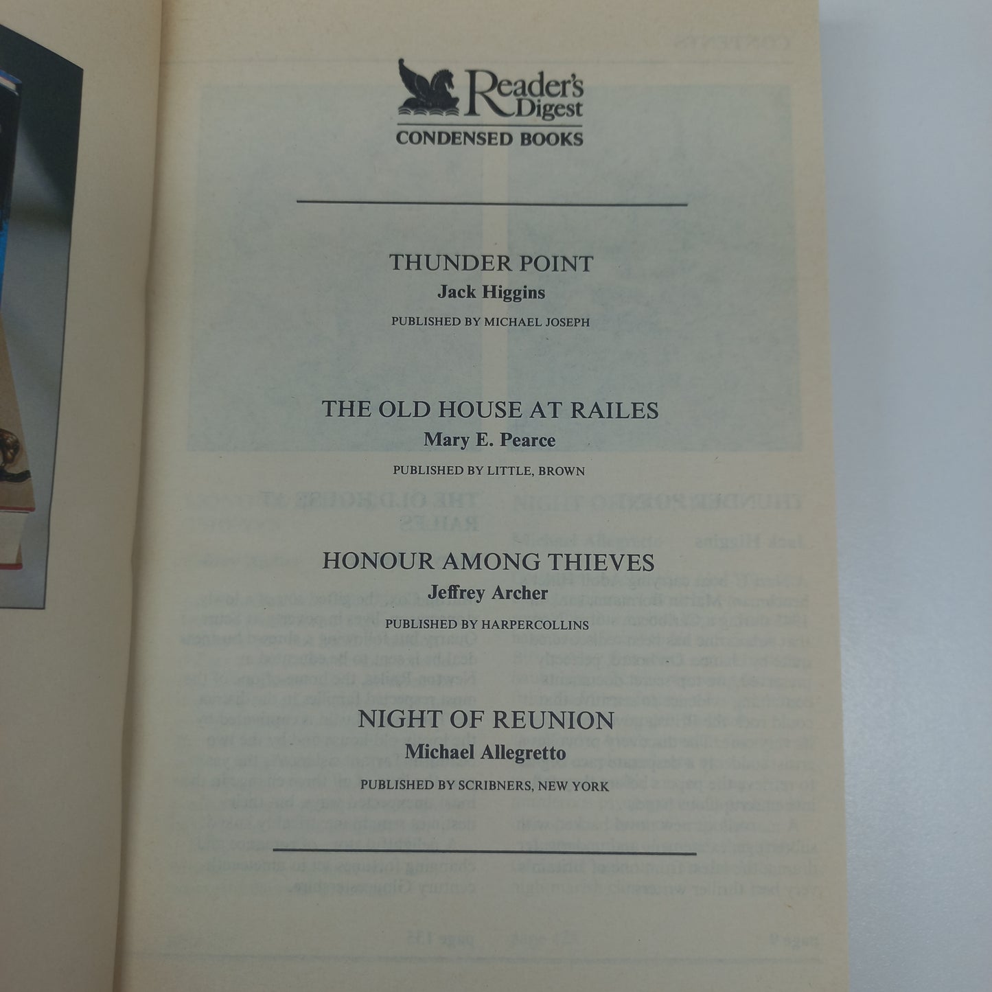 Thunder Point by J. Higgins, The Old House at Railes by M.E. Pearce, Honour Among Thieves by J. Archer & Night of Reunion by M. Allegretto Reader's Digest (4 in 1)