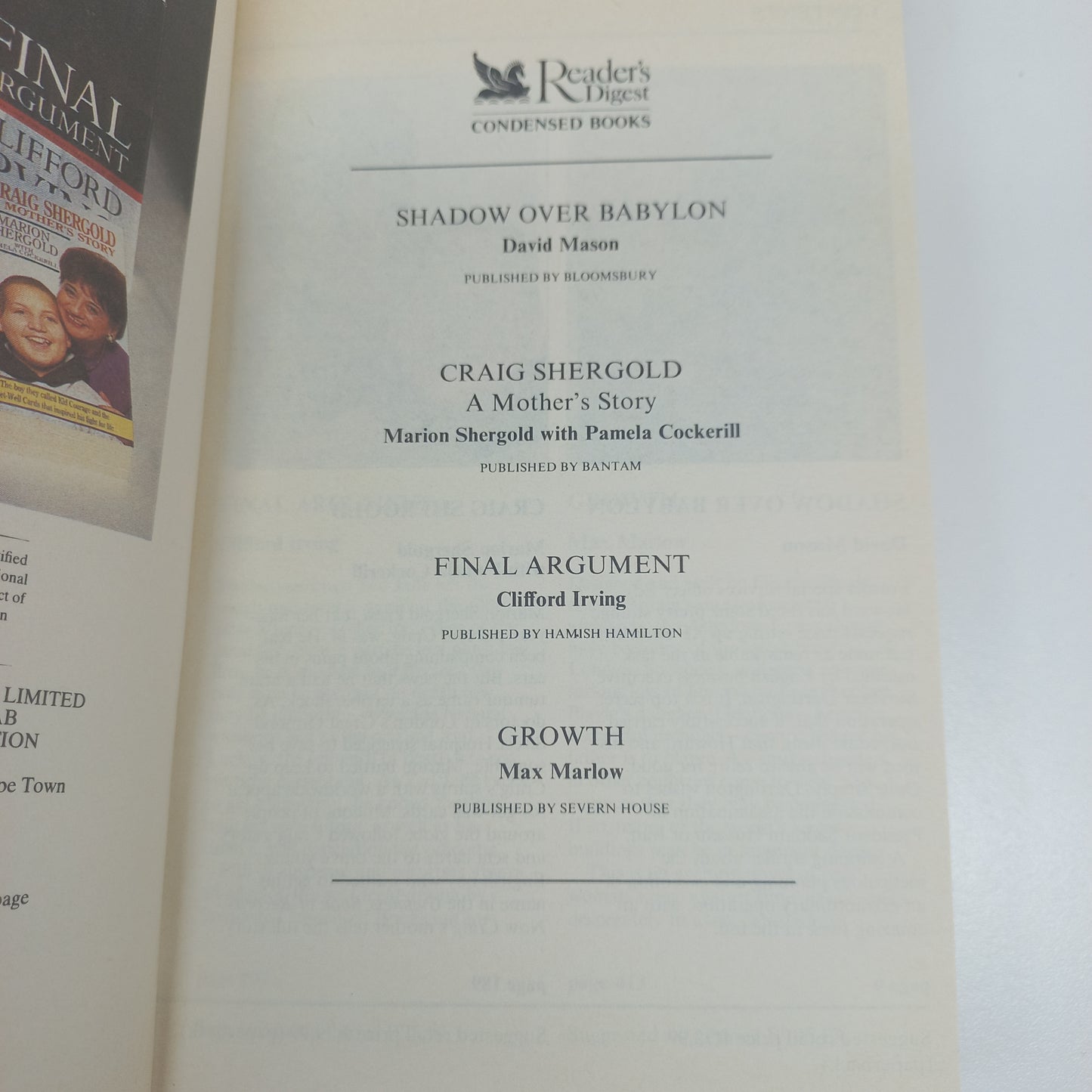Shadow Over Babylon by D. Mason, Craig Shergold by M. Shergold, Final Argument by C. Irving & Growth by M. Marlow Reader's Digest (4 in 1)