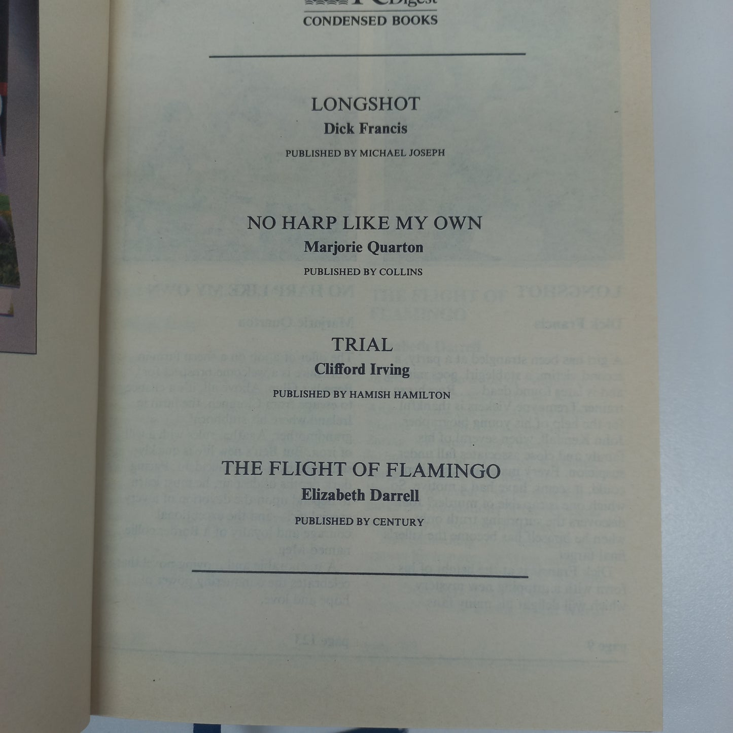 Reader's Digest (4 in 1) Longshot by D. Francis, No Harp Like My Own by M. Quarton, Trial by C. Irving & The Flight of Flamingo by E. Darrell