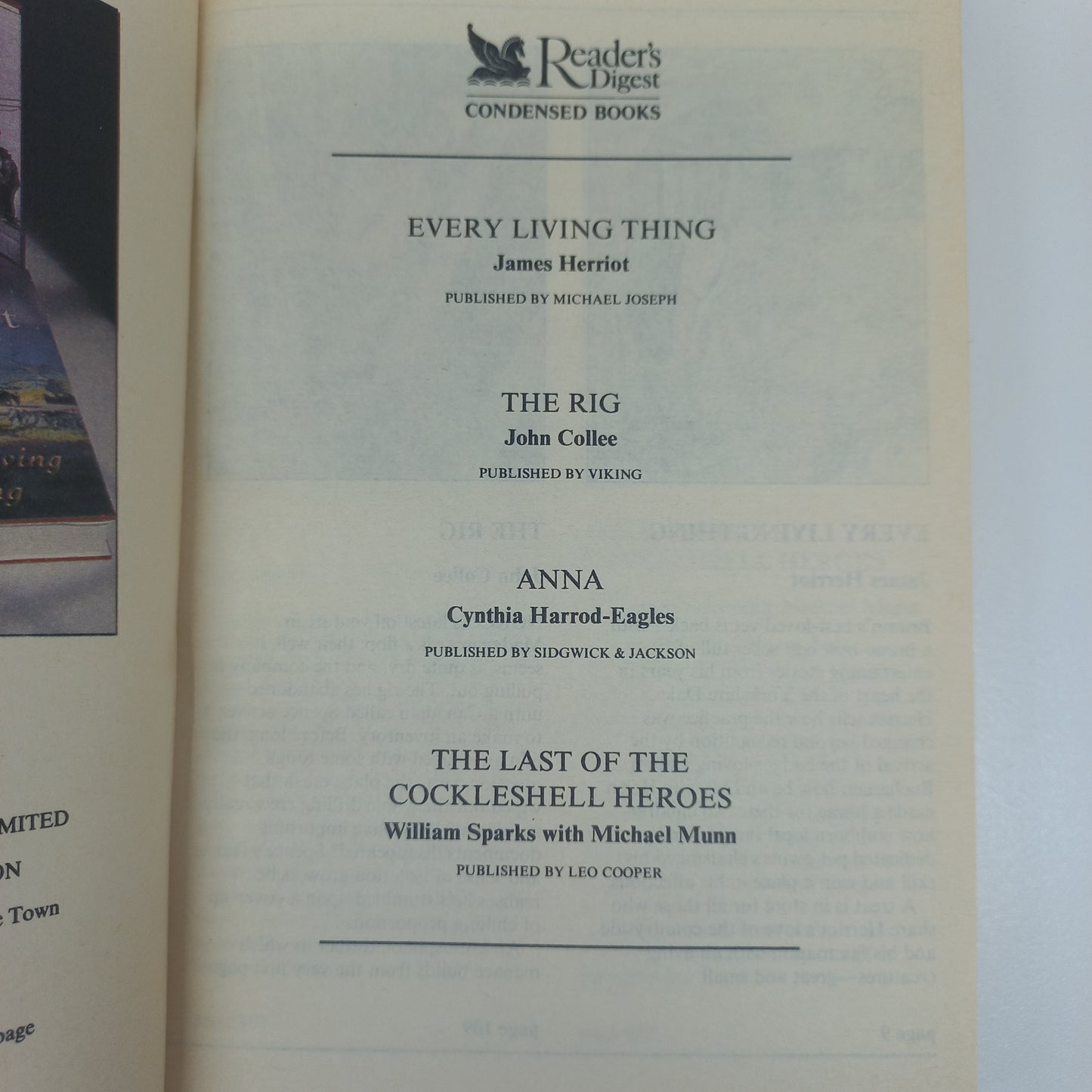 Reader's Digest (4 in 1) Every Living Thing by J. Herriot, The Rig by J. Collee, Anna by C. Harrod-Eagles & The Last of the Cockleshell Heroes by W. Sparks